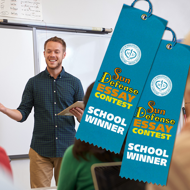 Essay contest winner awards on custom top ribbons being presented in a classroom.