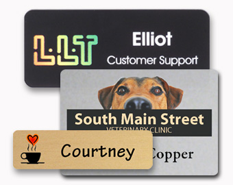 Plastic name tags with UV color logos.