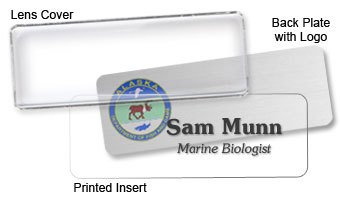 Three part Logo Mighty Badge reusable name tags.